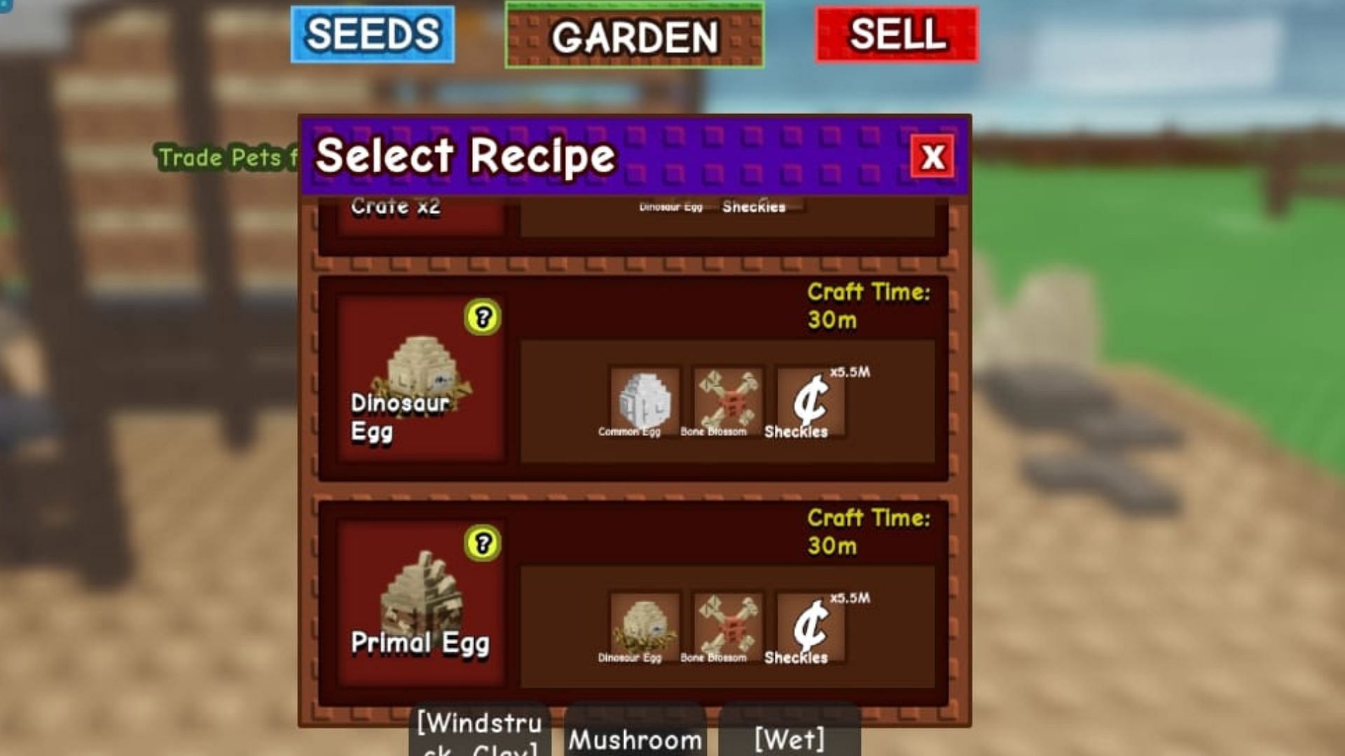 The crafting recipe for the Primal Egg (Image via Roblox)